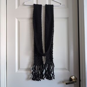 Long black skinny scarf wool blend with fringe and sequins